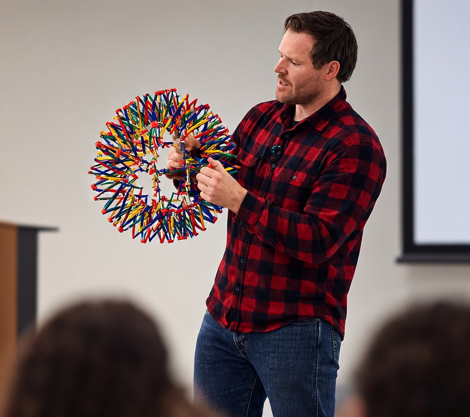 Josh Newmaster teaching a group, holding up a colorful expanding sphere as an illustration